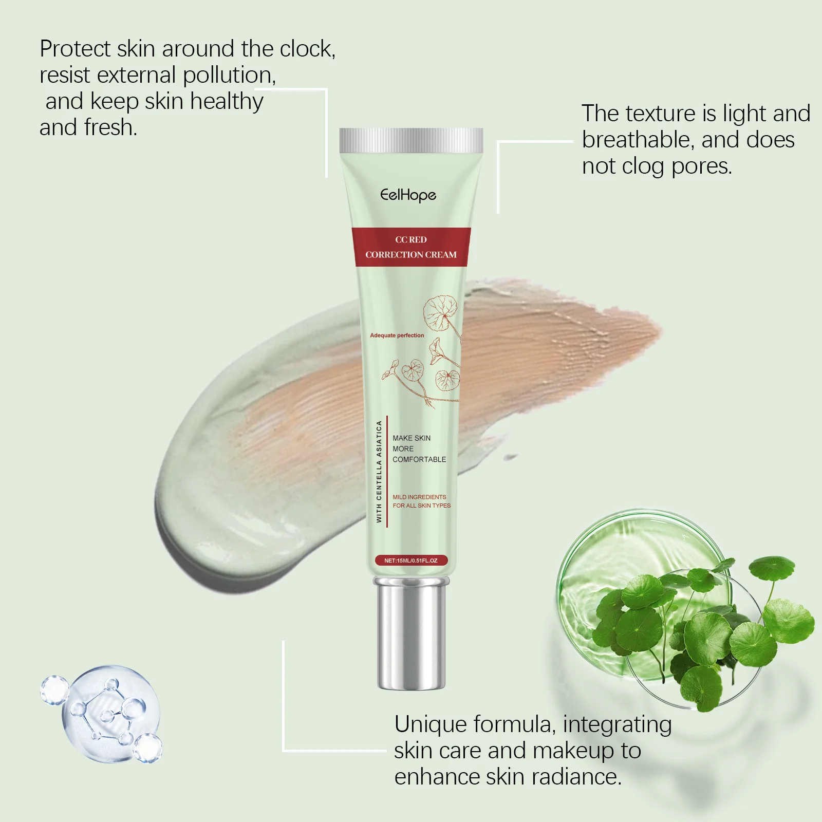 EELHOPE Centella CC Cream Gentle Moisturizing Soothing Redness Glowing Skin Tone Light Texture Smoothing Facial CC Cream - Image 2