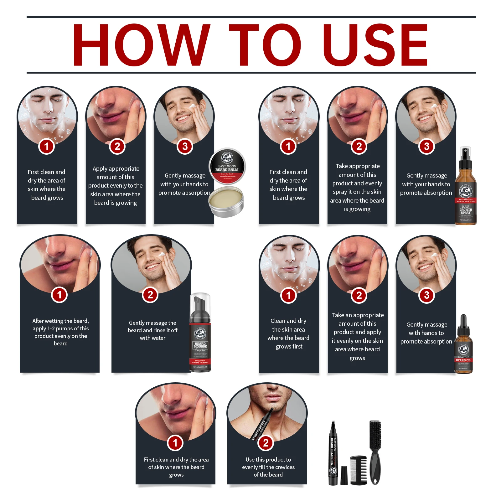 East Moon Men Beard Care Set for Cleaning Strengthen Nourishing Beard Promote Beard Growth Moisturizing Men Whisker Care Set - Image 4