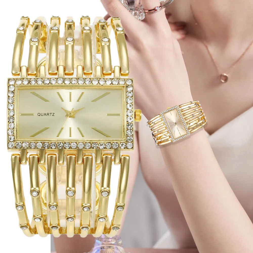 Luxury Qualities Women's Fashion Diamond Rectangle Watches Gold Alloy Bracelet…