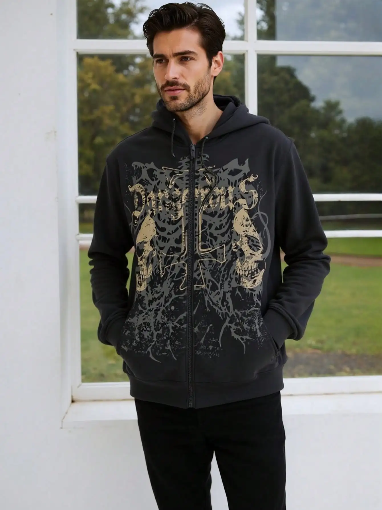 Men's Y2K Goth Skull Letter Graphic Drawstring Hoodie Long Sleeve Zip Up Sweatshirt - Image 4