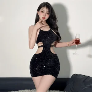 Sequin Strap Dress Women Sexy Waist Hollow Out Wrap Buttocks Black Short Dress