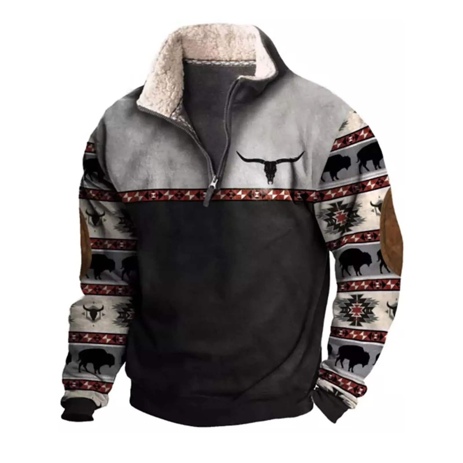 Mens Cowboy Sweatshirt Vintage Print Western Aztec Sweatshirt Casual Long Sleeve 1/4 Zip Fleece Pullover Menswear Hoodie Sweater