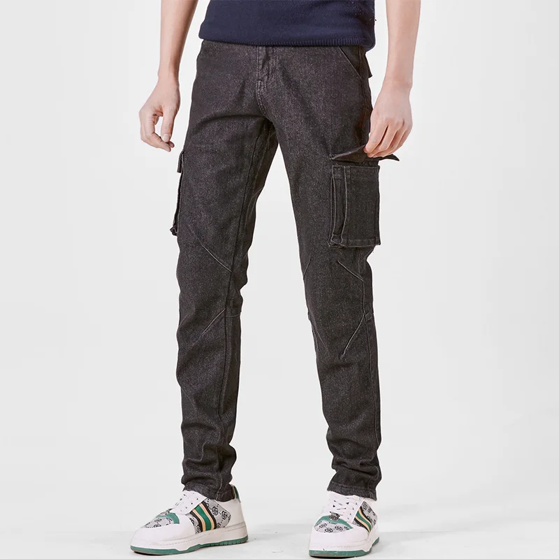 Men's Street Style Elastic Waist Denim Cargo Pants Solid Color Washed Slim Fit Casual Jeans with Multiple Pockets for Daily Wear - Image 10