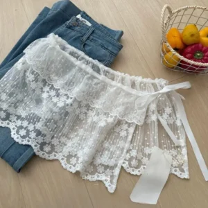 Lace-up Fashion Fart Curtain Y2k White Skirt For Women Pleated Lace Korean Style Skirt Curtain Floral Printed Casual Mini Skirts