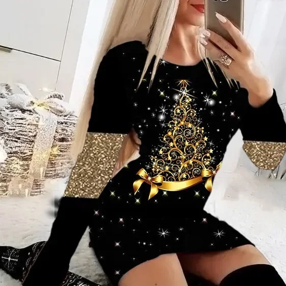 Hot Sale Of The Season New Women's Long Sleeve round Neck Dress Large Size Digital Printing Fashionable Elegant Maxi Dress from