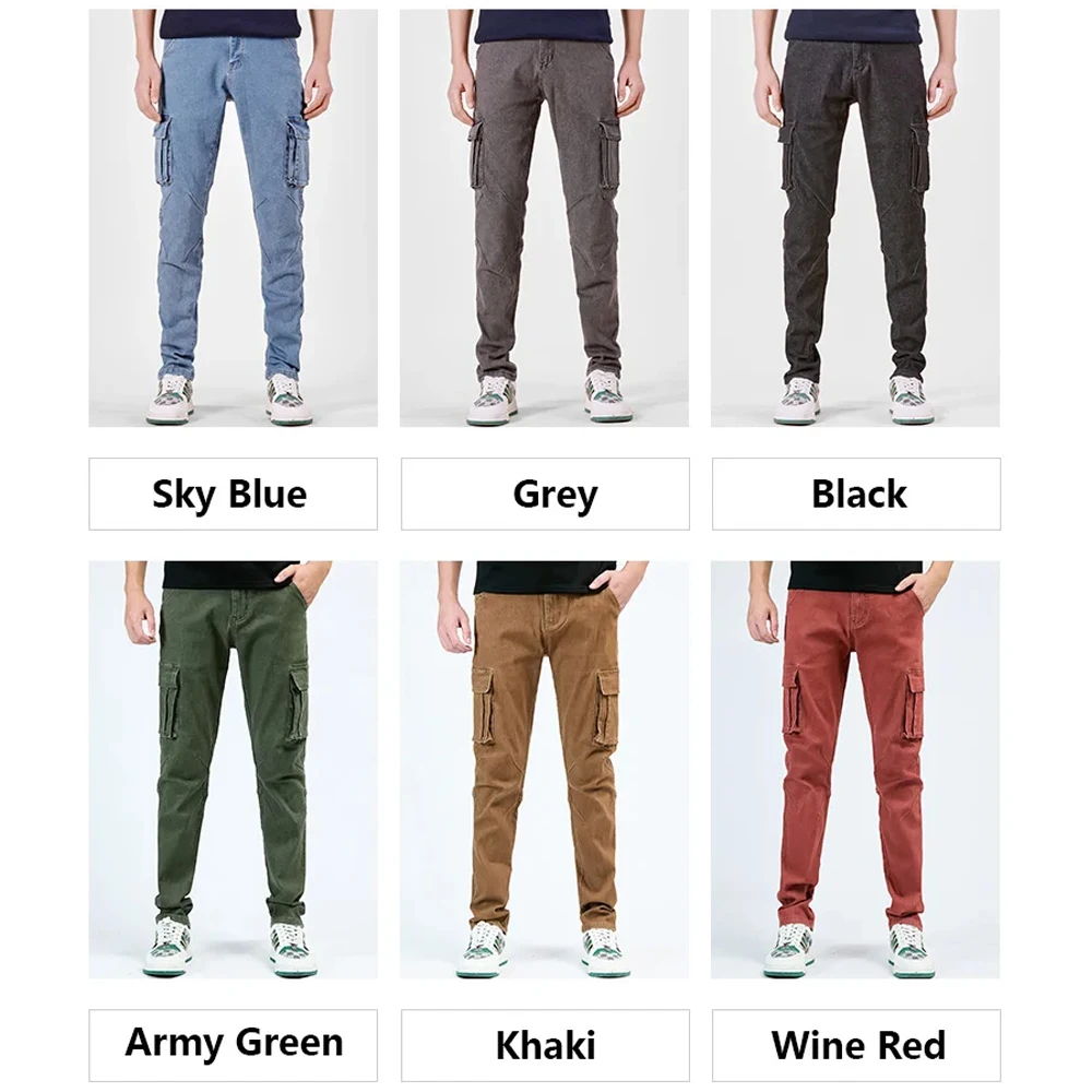 Men's Street Style Elastic Waist Denim Cargo Pants Solid Color Washed Slim Fit Casual Jeans with Multiple Pockets for Daily Wear - Image 5