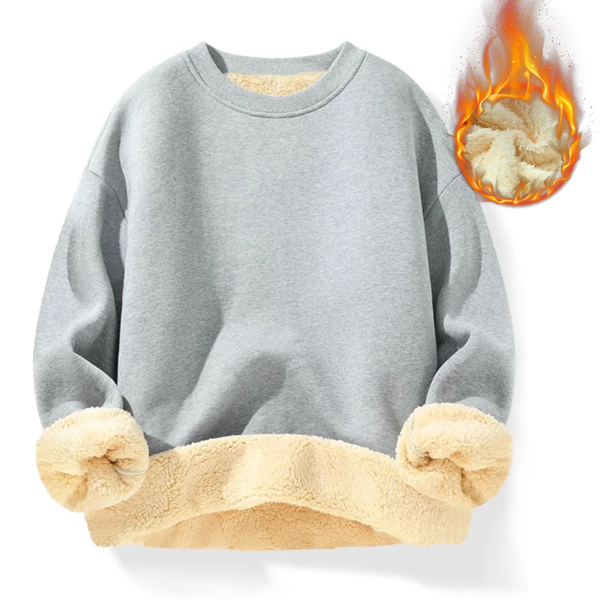 Men's solid color round neck fleece casual sports hoodie, warm lamb fur, suitable for outdoor sports travel as an inner layer