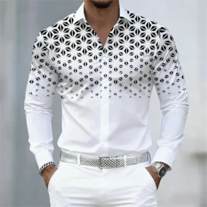17 colors of men's shirts, fashionable geometric pattern print long sleeve shirts, personalized trendy slim lapel casual shirts
