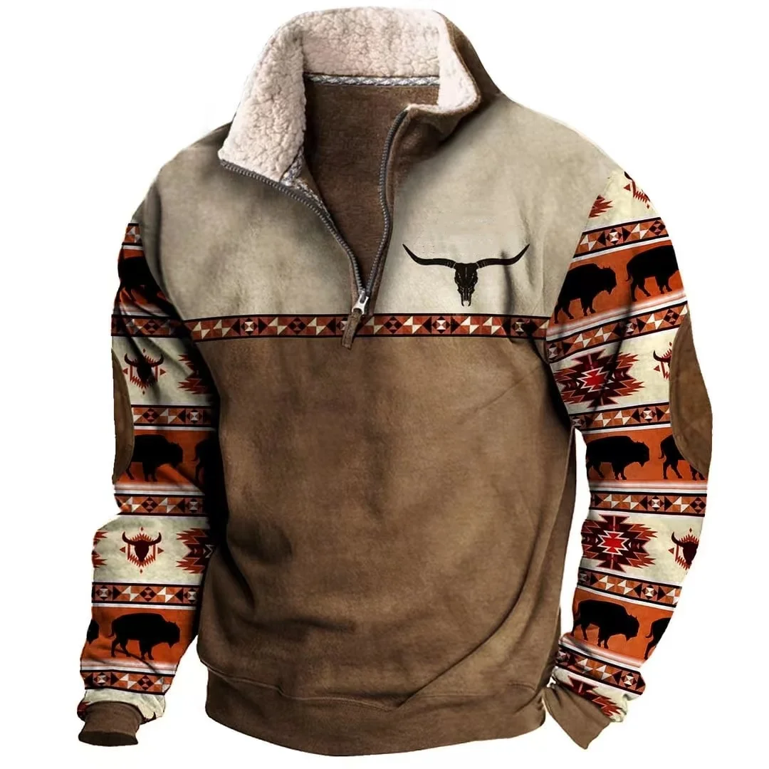 Mens Cowboy Sweatshirt Vintage Print Western Aztec Sweatshirt Casual Long Sleeve 1/4 Zip Fleece Pullover Menswear Hoodie Sweater - Image 4