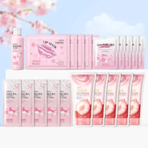 LAIKOU Japan Sakura Skincare Set Hydrating Toner Lip Mask Sleeping Face Mud Mask Peach Scrub Travel Mini Kit Gift