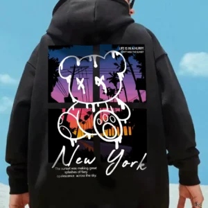 New York Art Cartoon Bear Sunset Landscape Design Men's and Women's Hip Hop Street Hoodies Versatile Pocket Hoodies Men's Hoodie