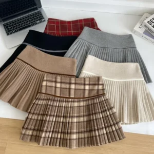 Plaid Box-Pleat High Waist Mini Skirt - Thick Wool Pleated Short Skirt for Women & Teen Girls, Preppy Style Outfit Must-Have