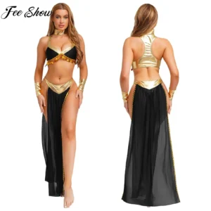 Women Halloween Cleopatra Ancient Egyptian Queen Sun Goddesses Cosplay Costume Crop Top with Skirt Choker Cuffs Belly Dance Set