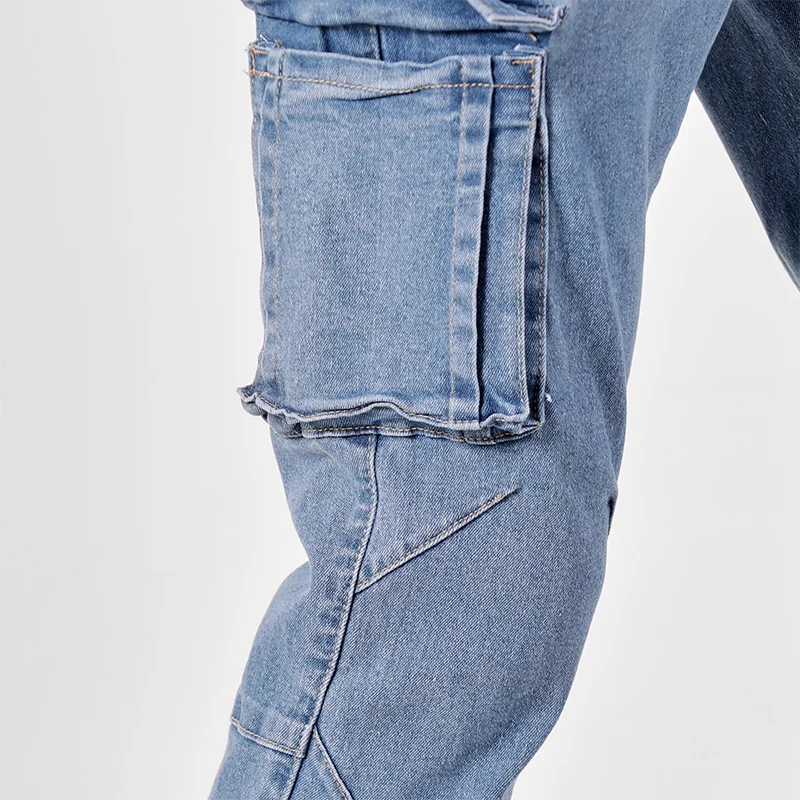 Men's Street Style Elastic Waist Denim Cargo Pants Solid Color Washed Slim Fit Casual Jeans with Multiple Pockets for Daily Wear - Image 4