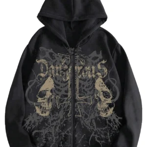 Men's Y2K Goth Skull Letter Graphic Drawstring Hoodie Long Sleeve Zip Up Sweatshirt