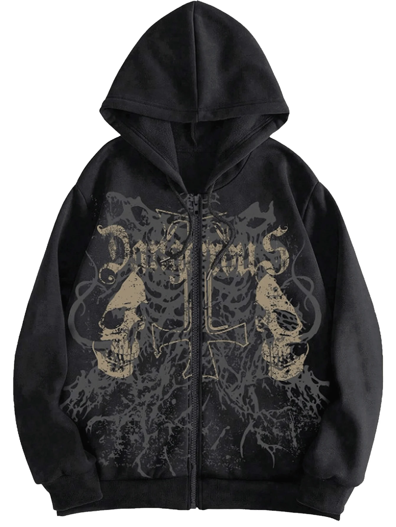 Men's Y2K Goth Skull Letter Graphic Drawstring Hoodie Long Sleeve Zip Up Sweatshirt