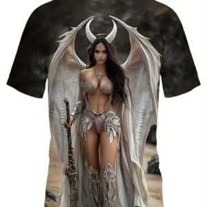 Men'S Plus Size Fantasy Graphic T-Shirt - 3D Printed Angelic Warrior Design with Horns & Wings, Black Casual Streetwear Tee for