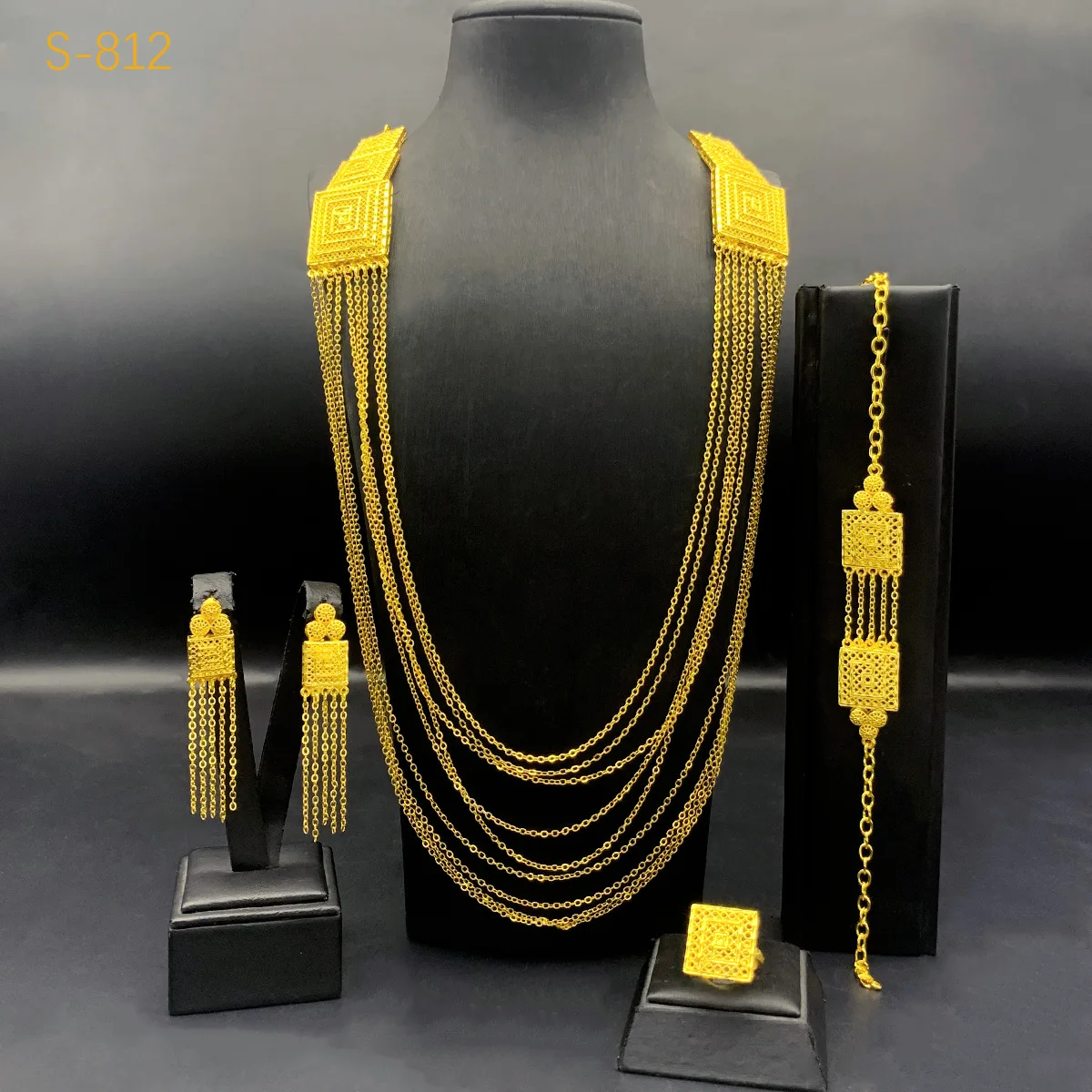 24K Gold Tassel Necklace Bracelet Earrings Ring 4-Piece Set Wedding Women AU999 - 24K forged/AU999,shows bridal elegance - Image 5