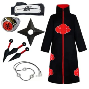 Anime Naruto Ninja Cosplay Akatsuki Cosplay Costume Uchiha Itachi Red Cloud Cloak Robe Cloak Headband Props Halloween Clothe