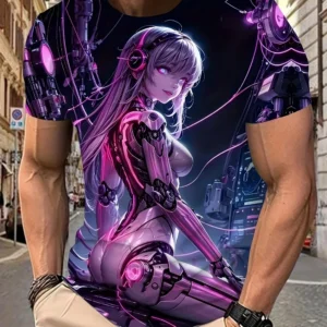 Men's 3D Mechanical Female Warrior Printed T-Shirt Retro Street Men's Short Sleeve Lightweight and Breathable Y2k T-Shirt  Top