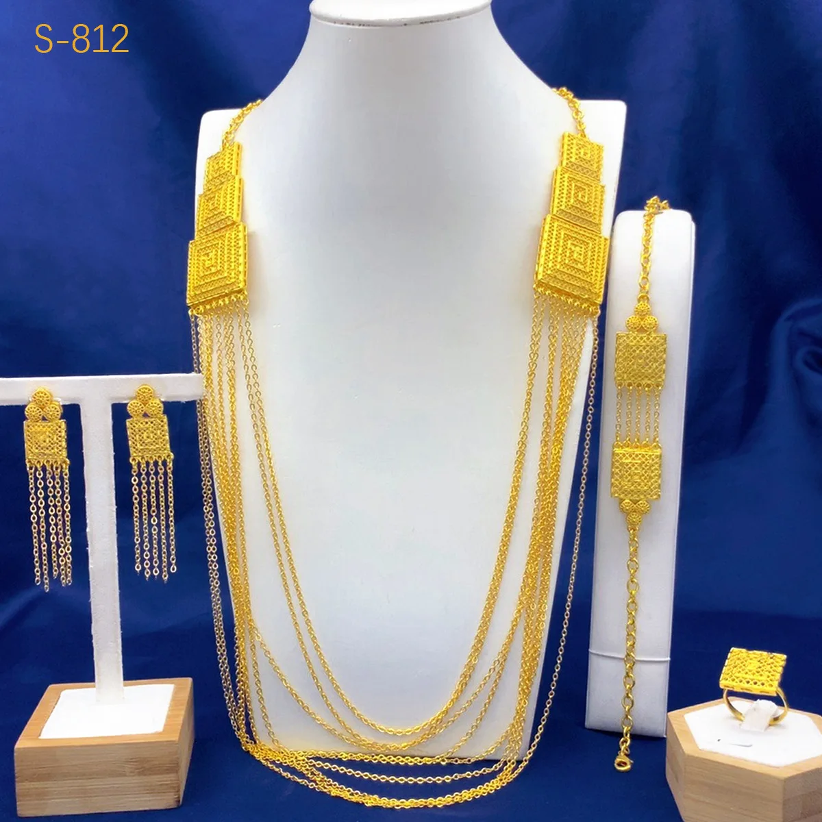 24K Gold Tassel Necklace Bracelet Earrings Ring 4-Piece Set Wedding Women AU999 - 24K forged/AU999,shows bridal elegance