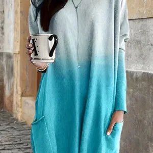 Fall/Winter New Fashionable Elegant Gradient Print Casual Crew Neck Pocket Plus Size Women's Long T-Shirt Top