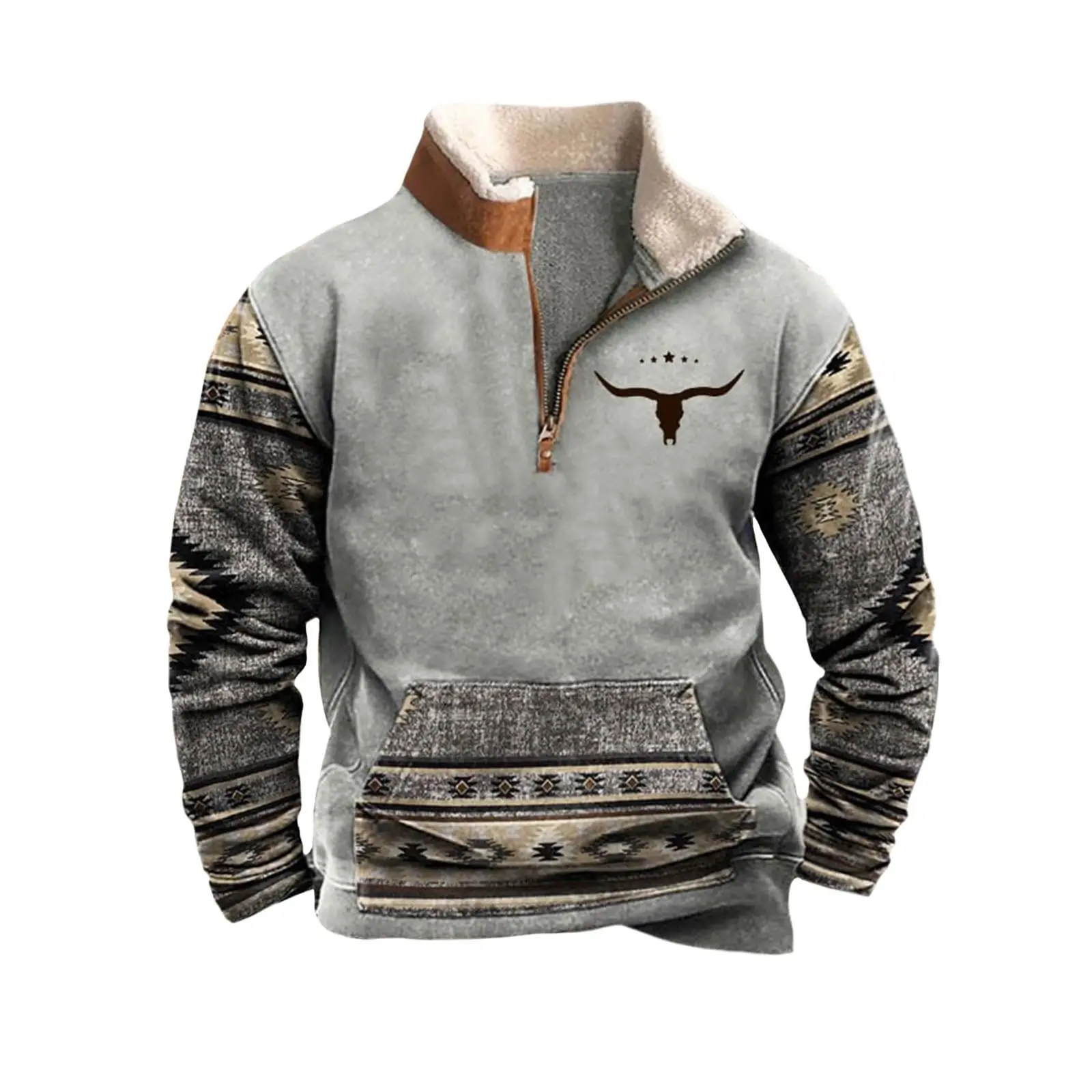 Mens Cowboy Sweatshirt Vintage Print Western Aztec Sweatshirt Casual Long Sleeve 1/4 Zip Fleece Pullover Menswear Hoodie Sweater - Image 3