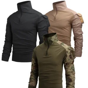 Men's Long Sleeve Combat Shirt 1/4 Zipper Ripstop Cotton  Military Tactical Shirts Navy Blue Camoufalge Airsoft T Shirts