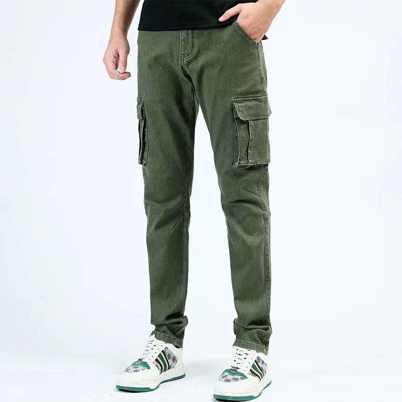 Men's Street Style Elastic Waist Denim Cargo Pants Solid Color Washed Slim Fit Casual Jeans with Multiple Pockets for Daily Wear - Image 9