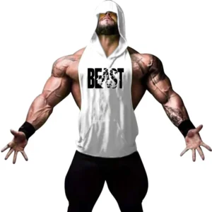 Men's sports running vest, printed training top, weightlifting and fitness vest, gym training hooded sports vest