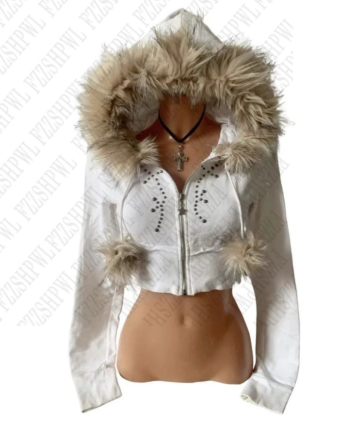 Y2K Spicy girl style plush hooded short zipper sweatshirt Studded white cropped…