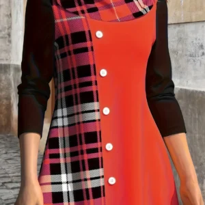 Women Plus Size Long Sleeve T Shirt Plaid Color Contrast Floral Print Round Neck Button Front Autumn Casual Top