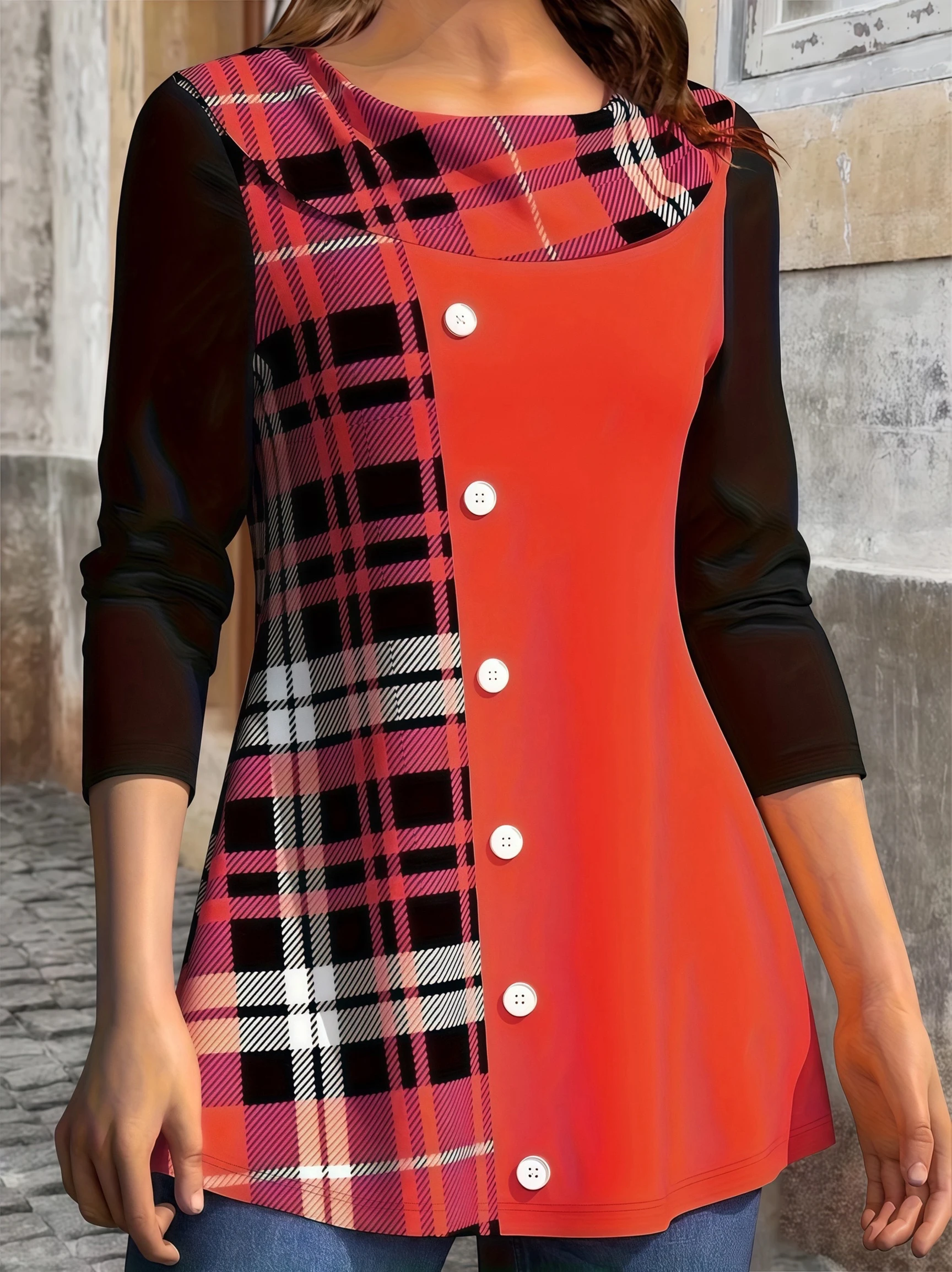 Women Plus Size Long Sleeve T Shirt Plaid Color Contrast Floral Print Round Nec…