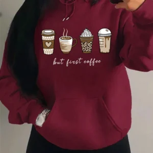 But First Coffee Cartoons Coffee Drinks Pattern Hoodies Fashion Warm Hoody Casual Trendy Sweatshirt Street Women Pullovers