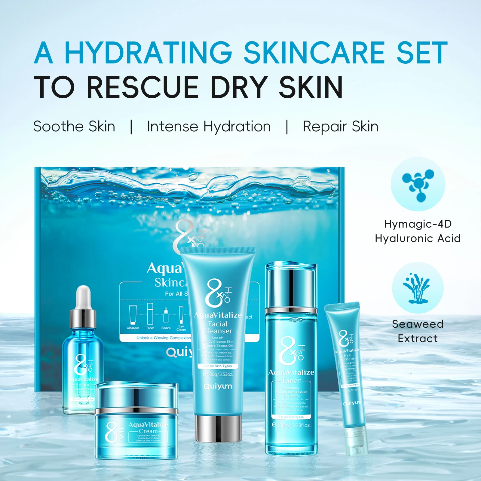 QUIYUM 8X H₂O AquaVitalize Skincare Set 5PCS Deep Hydration Kit Wrinkle Smoothing Tightening Treatment Gift Set