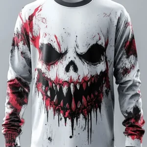 Men's Horror Skull Print Long Sleeve T-Shirt with Bleeding Effect, 3D Gothic Streetwear Top for Halloween Party Cosplay