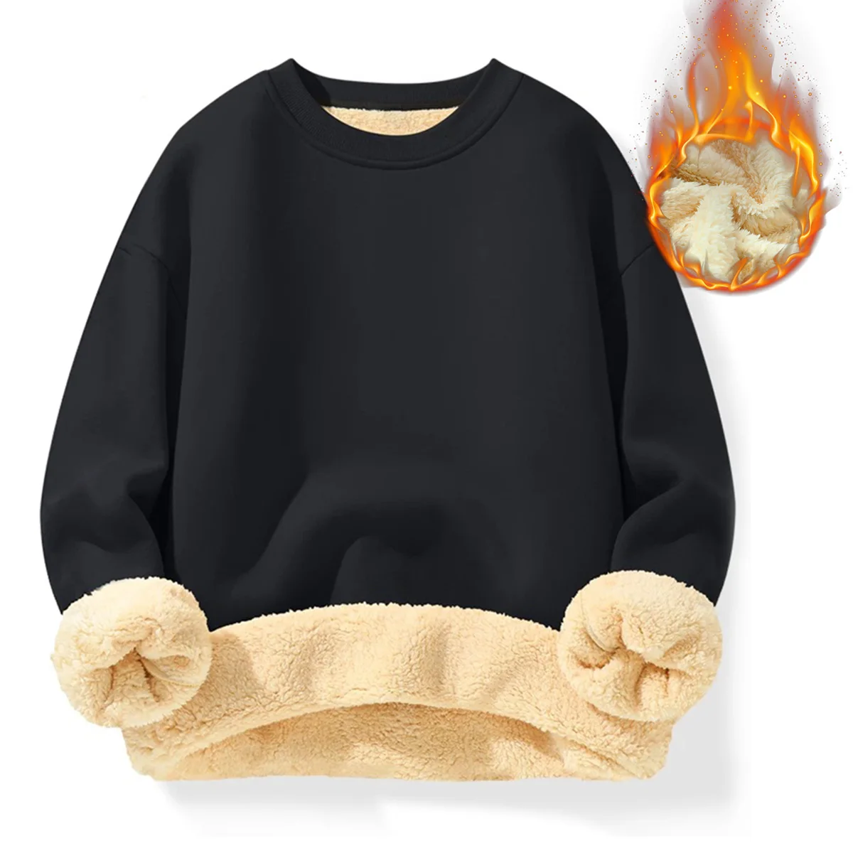 Men's solid color round neck fleece casual sports hoodie, warm lamb fur, suitable for outdoor sports travel as an inner layer - Image 2