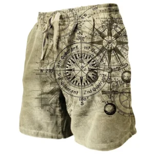 Men's Vintage Beach Shorts Classic Compass 3D Printed Street Hip Hop Men Women Short Pants Breathable Daily Holiday Ice Shorts