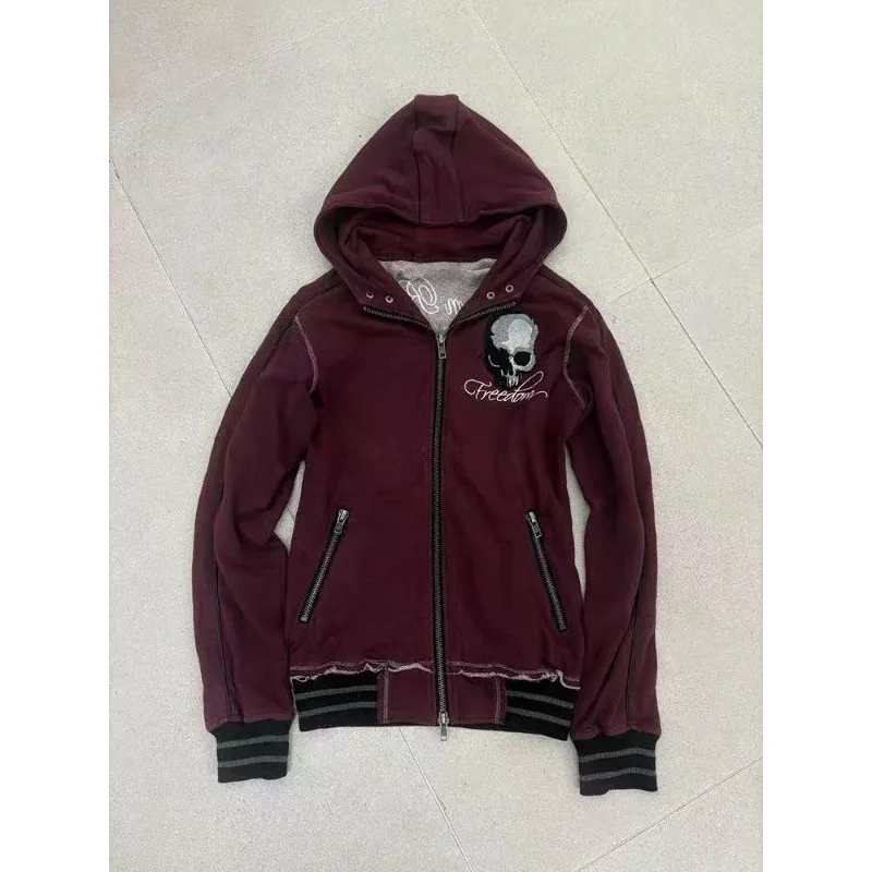 Gothic Harajuku skull letter embroidery slim vintage zip up hoodies for women subculture y2k winter new dark casual sweatshirts