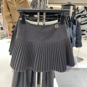Fashion High Waist Woolen Short A-shaped Pleated Skirt Women