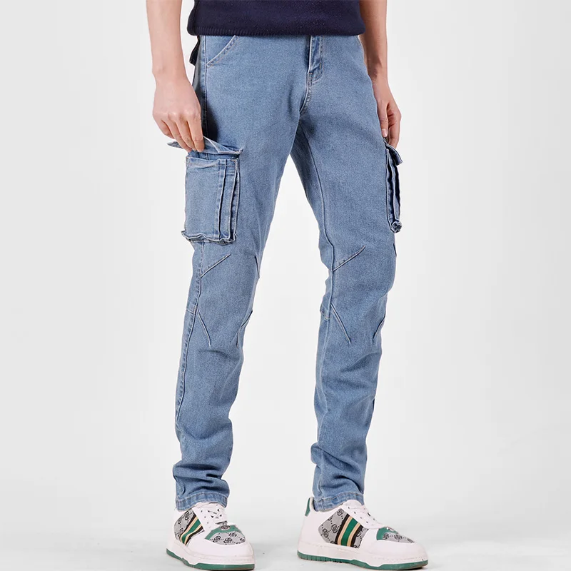 Men's Street Style Elastic Waist Denim Cargo Pants Solid Color Washed Slim Fit Casual Jeans with Multiple Pockets for Daily Wear - Image 12