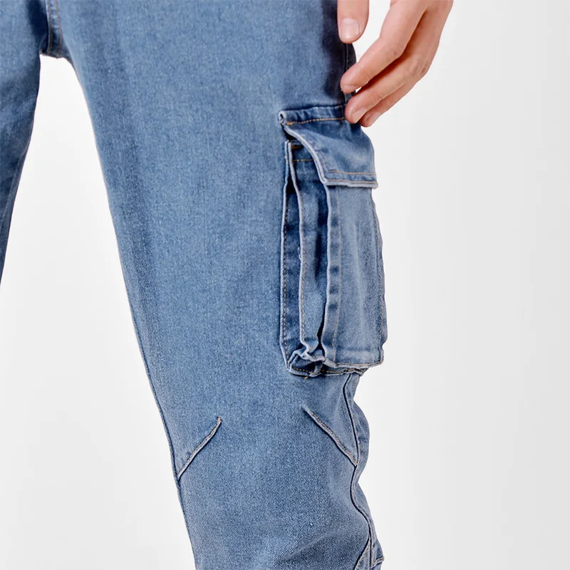 Men's Street Style Elastic Waist Denim Cargo Pants Solid Color Washed Slim Fit Casual Jeans with Multiple Pockets for Daily Wear - Image 3