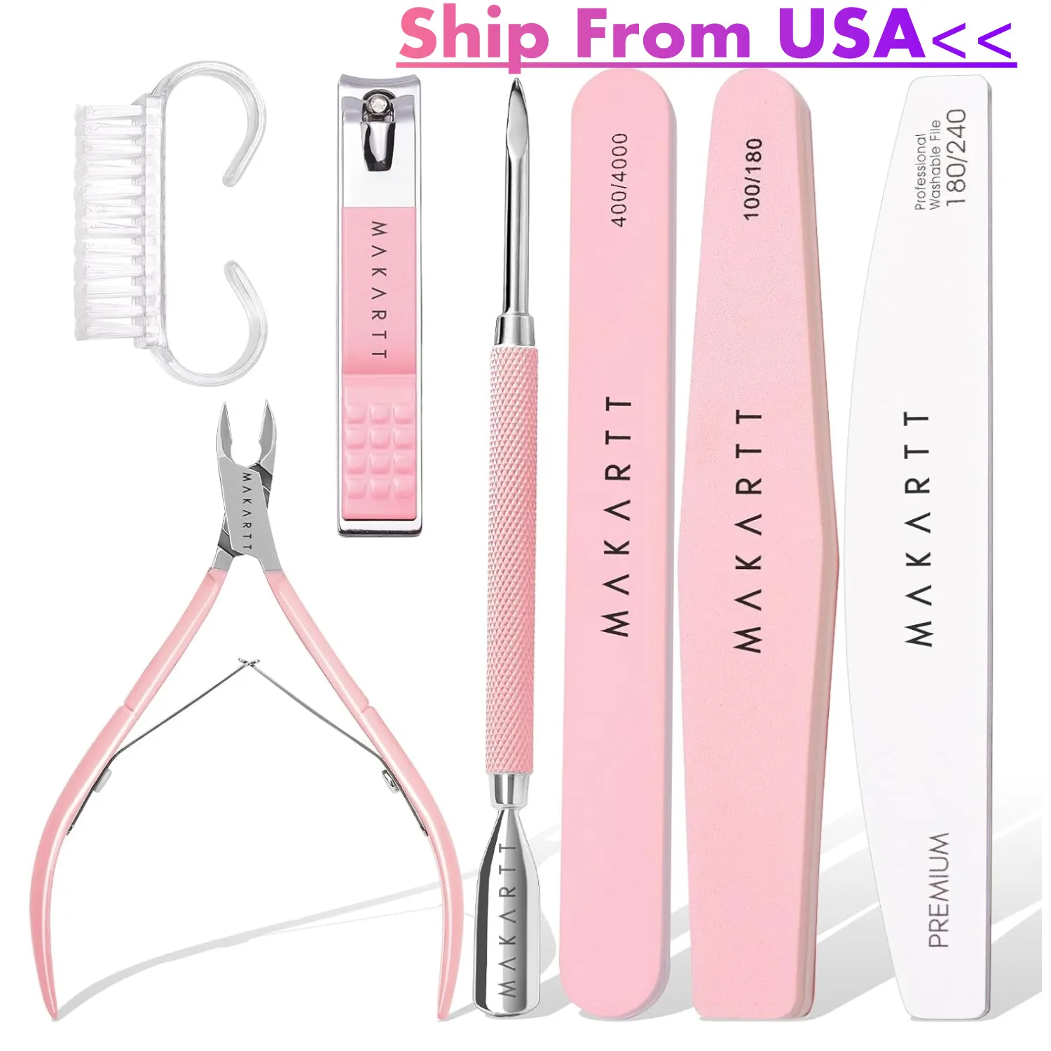 Makartt Nail File and Buffer Set, Pink Basic Prep Kit with Cuticle Clipper, Trimmer, Pusher, Brush, Manicure Care Kit
