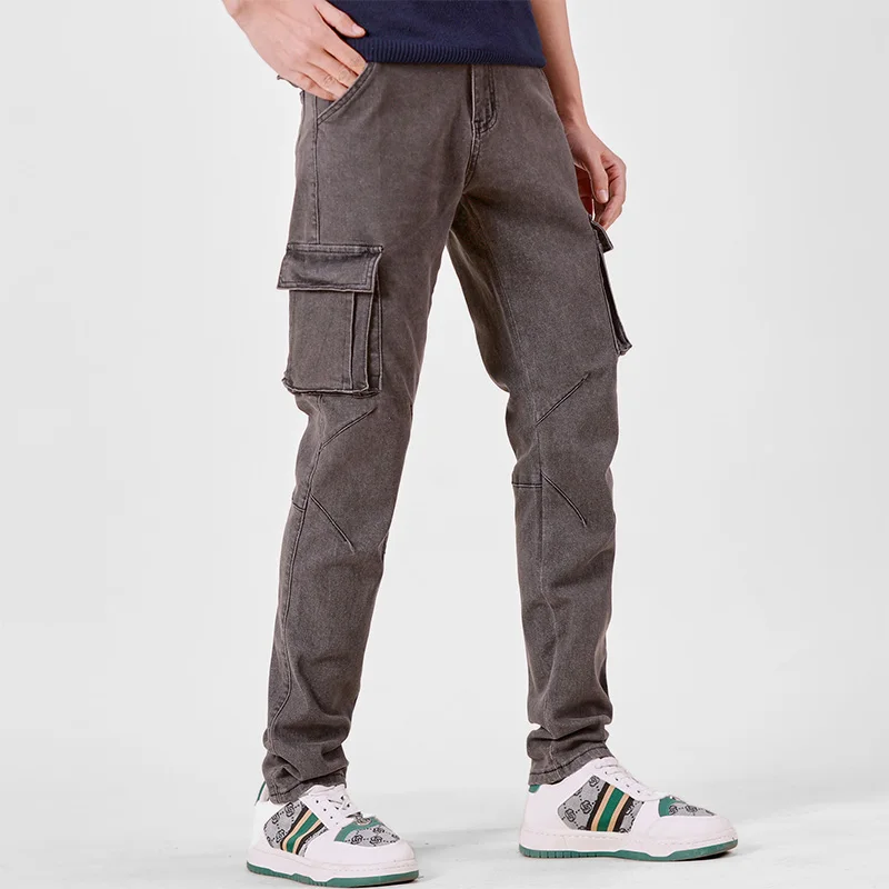 Men's Street Style Elastic Waist Denim Cargo Pants Solid Color Washed Slim Fit Casual Jeans with Multiple Pockets for Daily Wear - Image 8