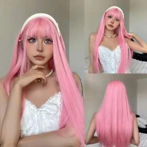 Light pink long straight hair synthetic wig for Halloween cosplay costume party, daily wear, high-temperature silk wig cap