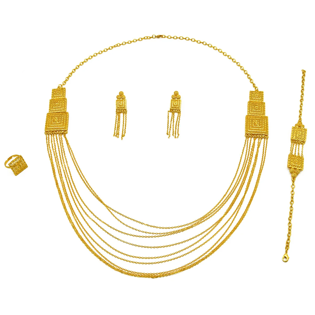 24K Gold Tassel Necklace Bracelet Earrings Ring 4-Piece Set Wedding Women AU999 - 24K forged/AU999,shows bridal elegance - Image 4