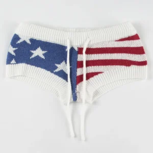 sexy low waist star stripes contrasting color knitted woolen shorts women lace-up slim retro style hot pants