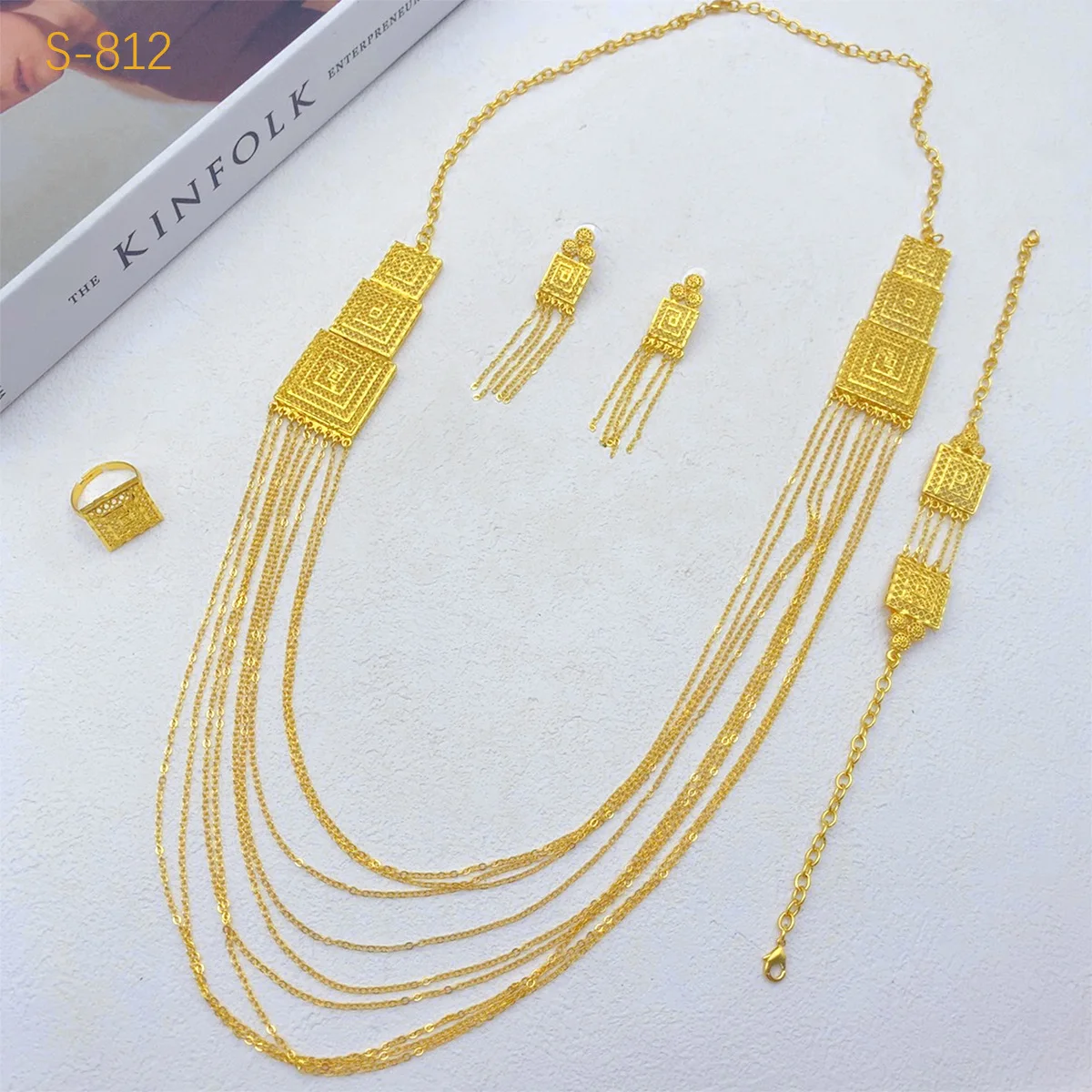 24K Gold Tassel Necklace Bracelet Earrings Ring 4-Piece Set Wedding Women AU999 - 24K forged/AU999,shows bridal elegance - Image 3