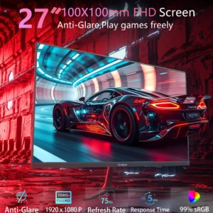 GreBear 27-inch Computer Monitor IPS Panel PC Monitors FHD 1080p 75Hz LED Display Home Office Desktop Screen, HDMI, VGA, Flicker