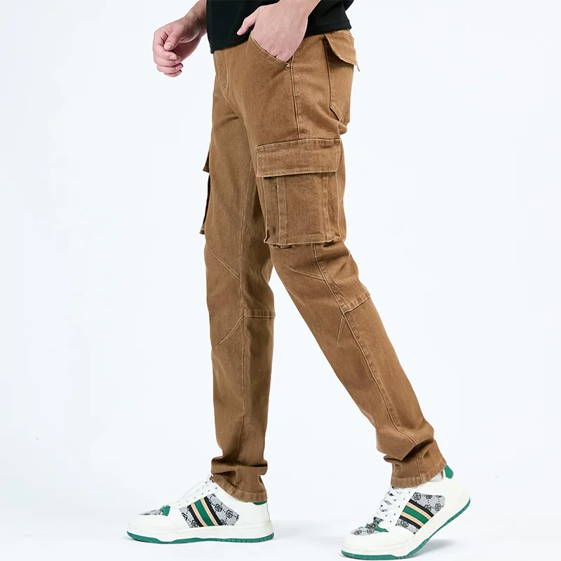 Men's Street Style Elastic Waist Denim Cargo Pants Solid Color Washed Slim Fit Casual Jeans with Multiple Pockets for Daily Wear - Image 11